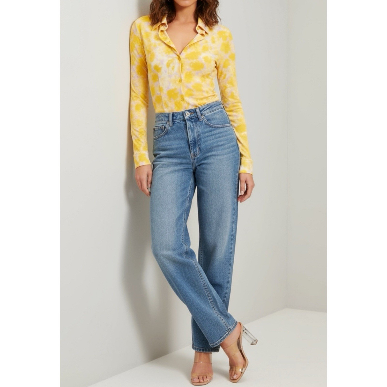 NWT ROUJE PARIS Palmyra Long Sleeve Shirt, Yellow Watercolor Peony, FR44/US12