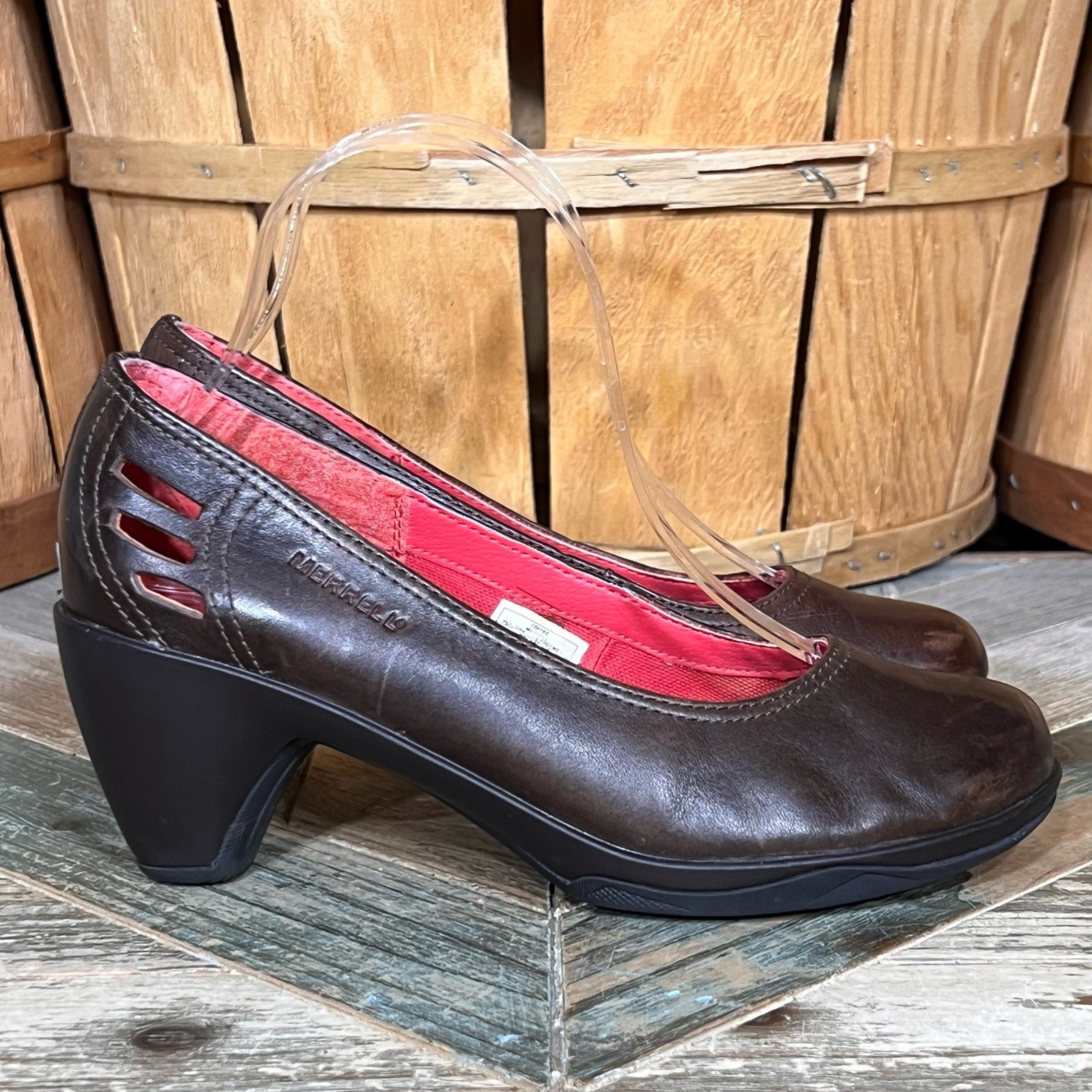 Merrell Evera decolte slip on comode in pelle marrone tacco 2 75" ciclismo donna 7