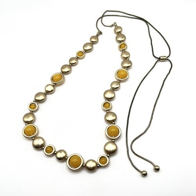 Beaded Spinner Necklace Chain Matte Gold Tone Egg Yolk Yellow Drawstring READ