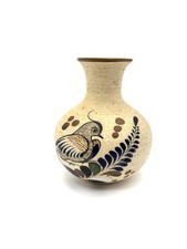 Vintage Mexican Folk Art Pottery Vase Talavera Tonala Bird And Leaves 5  Tall