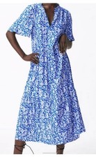✩Pretty *ZARA* Marilyn Blue White Floral Printed Tiered Midi Dress L