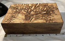 Carved Wooden Tree Motif Trinket Box, Hinged Lid, 8x5x2 in, Rectangle