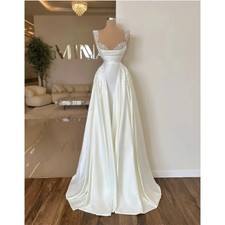 Satin Pearls Wedding Dresses Mermaid Bead with Detachable Skirt Bridal Gowns