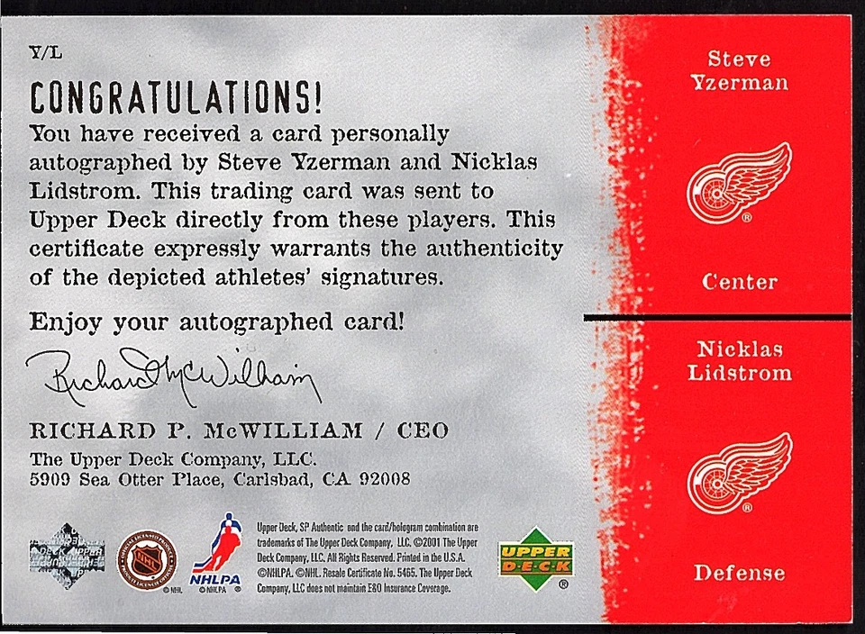 STEVE YZERMAN NICKLAS LIDSTROM 2000-01 SP Authentic Sign Of The Times Auto SSP - Image 2 of 2