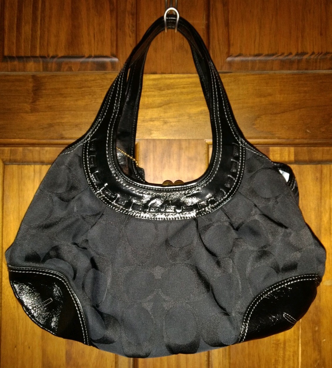 Coach Signature Canvas Ergo Kiss Lock Leather Handbag Shoulder Bag