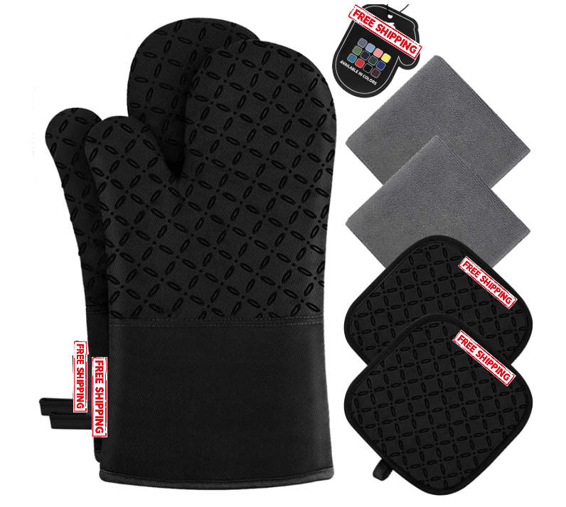 6pcs Heat Resistant Oven Mitts & Pot Holders Set Non-Slip Black 500°F