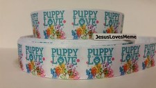 Grosgrain Ribbon, Puppy Love Cartoon Dogs Teal Rescue Collar Puppies, 1"