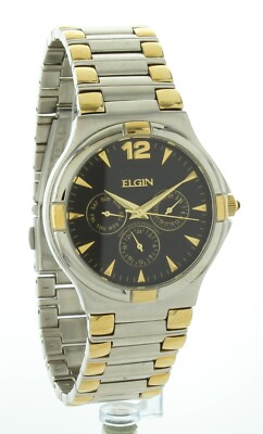 Vintage New old Stock  Men s Elgin Dress Watch Two Tone Black Dial Day And Date