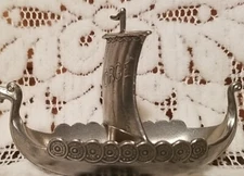 Norge Handstopt Tinn Pewter Norwegian Viking Ship Boat Open Salt 