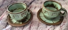 2xFrankoma Pottery Prairie Green Wagon Wheel Coffee Tea Cup 94C &94E Saucer Sets