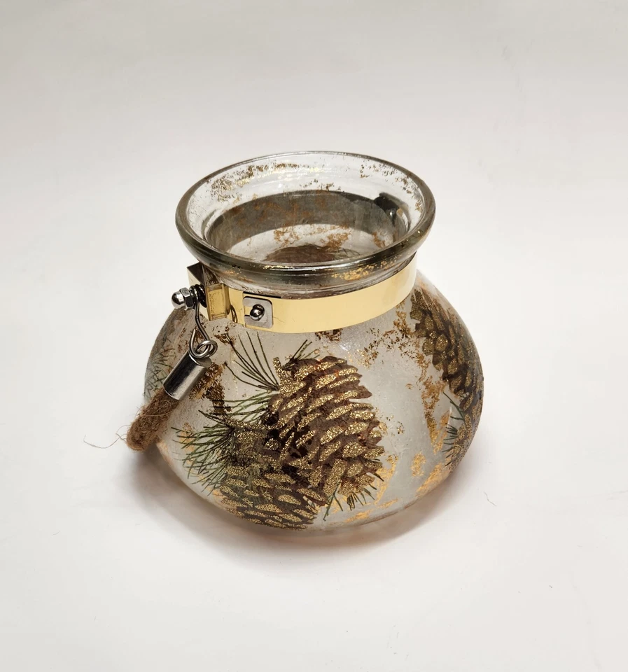 Castiçal/lanterna votiva pendurada em vidro ouro acento pinhas corda de Natal - Imagem 2 de 4