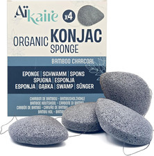 Eponge De Konjac Bio Pour Le Visage Associé Au Charbon Actif | Lot De 4 Éponges 