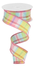 Plaid Faux Dupioni Silk Ribbon, Lt Pnk/Robin Egg Blue/Gn/Ylw, Wired, 1.5" W X 10