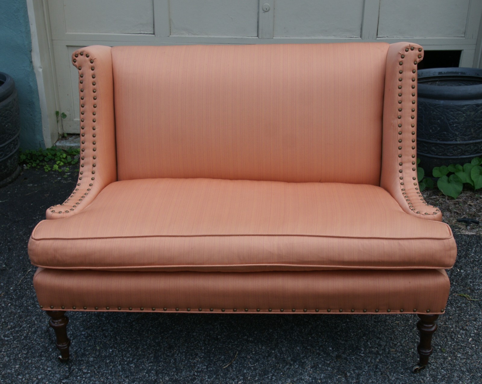 Lee Jofa Sofa in salmon, two seater, Jofa upholstery, Brass nails, near