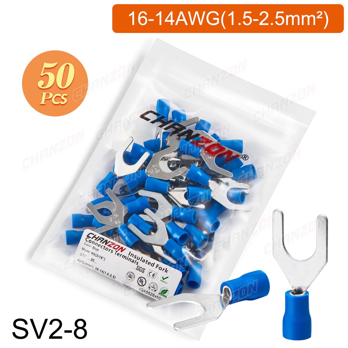 Heschen Isolierte Gabel-Crimpverbinder SV1.25–5S – #10 Öhr, 0,5–1,5 Mm² (22–16 AWG), Rot, 100 Stück, Kupfer/Tin, 600V