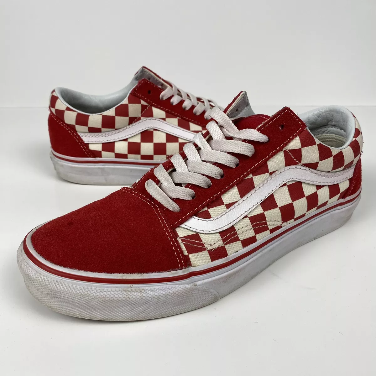 Vans Old Skool Classic Red White Checkered Canvas Suede Shoes Men 7 Women 8.5
