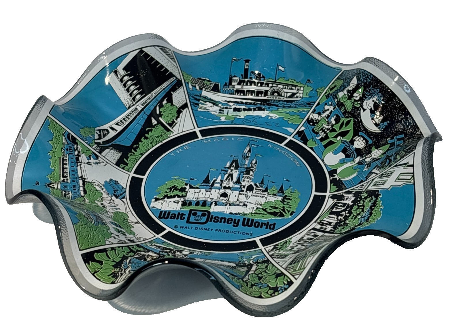 Vintage 70’s Walt Disney World Magic Kingdom 7” Ruffled Glass Plate Dish Ashtray