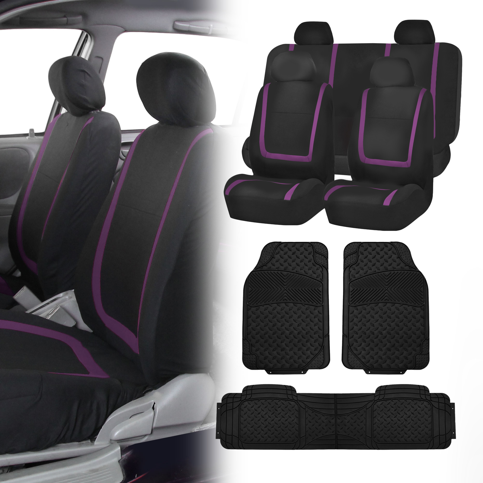 Black Purple Car Seat Covers with Black Heavy Duty Mats for Auto Car SUV