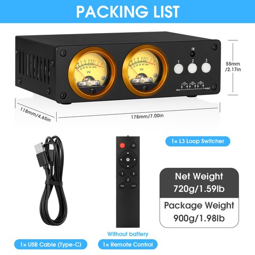 3 Kanal Loop Switcher Audio Selektor Box Duales VU Meter Splitter w/IR Remote - Afbeelding 10 van 10