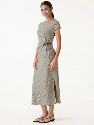 Oglmove Striped Relaxed Midi Dress with Self-Tie, Khaki/Black Stripe