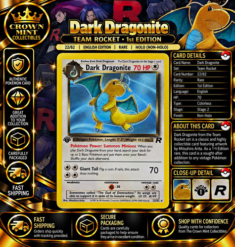 Dark Dragonite 22/82 Team Rocket 1st Edition Rare Non-Holo English 1999 70HP