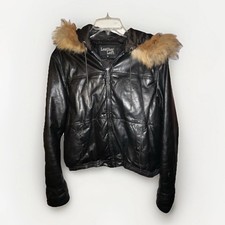 Leather Loft Jacket Black Leather Fox Fur Collar Zip Pockets Lined Size S/M Lady
