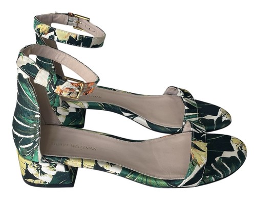 STUART WEITZMAN Botanic Green Ankle Strap Block Heel Jacquard Sandals sz 7.5 - Picture 2 of 22