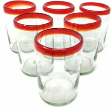 Hand Blown Mexican Drinking Glasses - Six Glasses With Red Rims 14 Oz