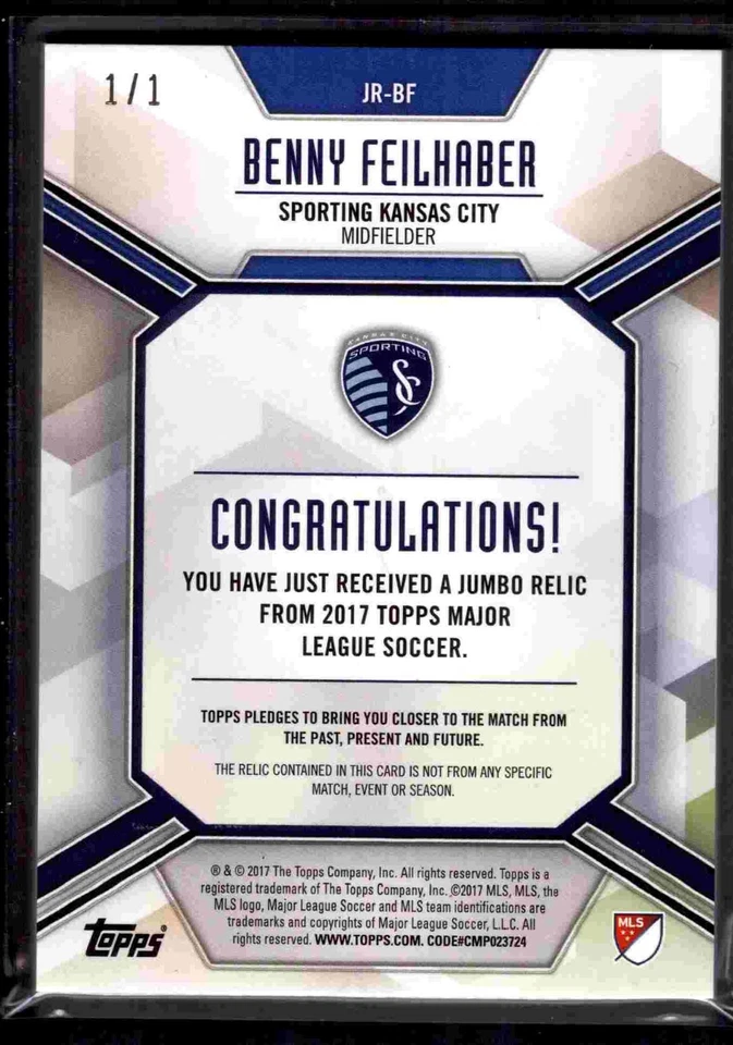 2017 Topps MLS Jumbo Relic Black 1/1! Benny Feilhaber auto Sporting Kansas City - Image 2 of 2