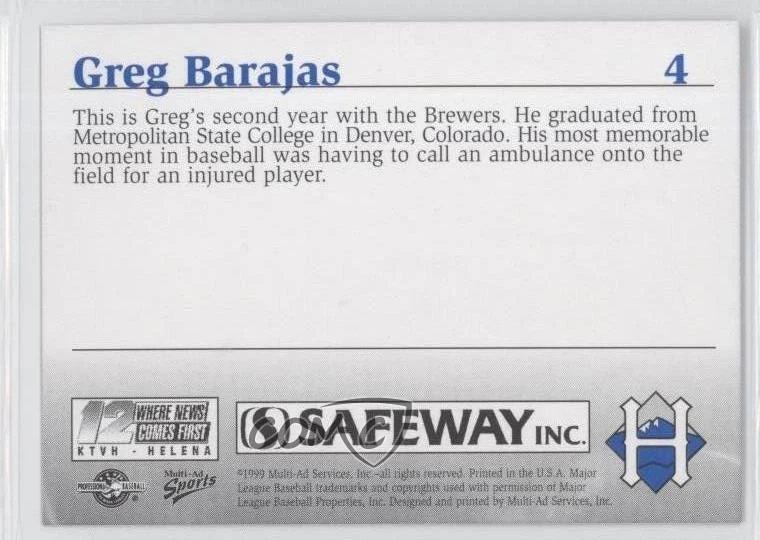 1999 Multi-Ad Sports Helena Brewers Greg Barajas #4 - Image 2 of 2