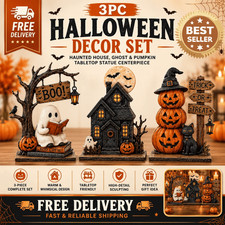 3pc Halloween Decor Set Haunted House Ghost Pumpkin Tabletop Statue Centerpiece