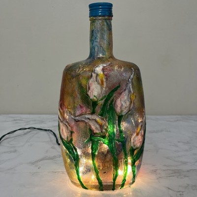 Floral Cala Lily Hand painted Lighted Stained Glass Bottle
