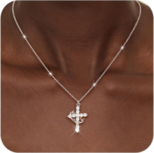 Authentic 14K Gold Plated Cross Crown Pendant Necklace for Women