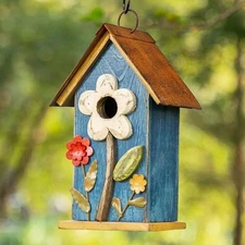 Glitzhome 10.2" H Hanging Bird House for Outdoor 10.2"H Flower Washed Blue