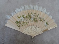 VTG 1884 Victorian Folding Hand Fan Painted Cloth Flowers Feathers Gold 12"x19"
