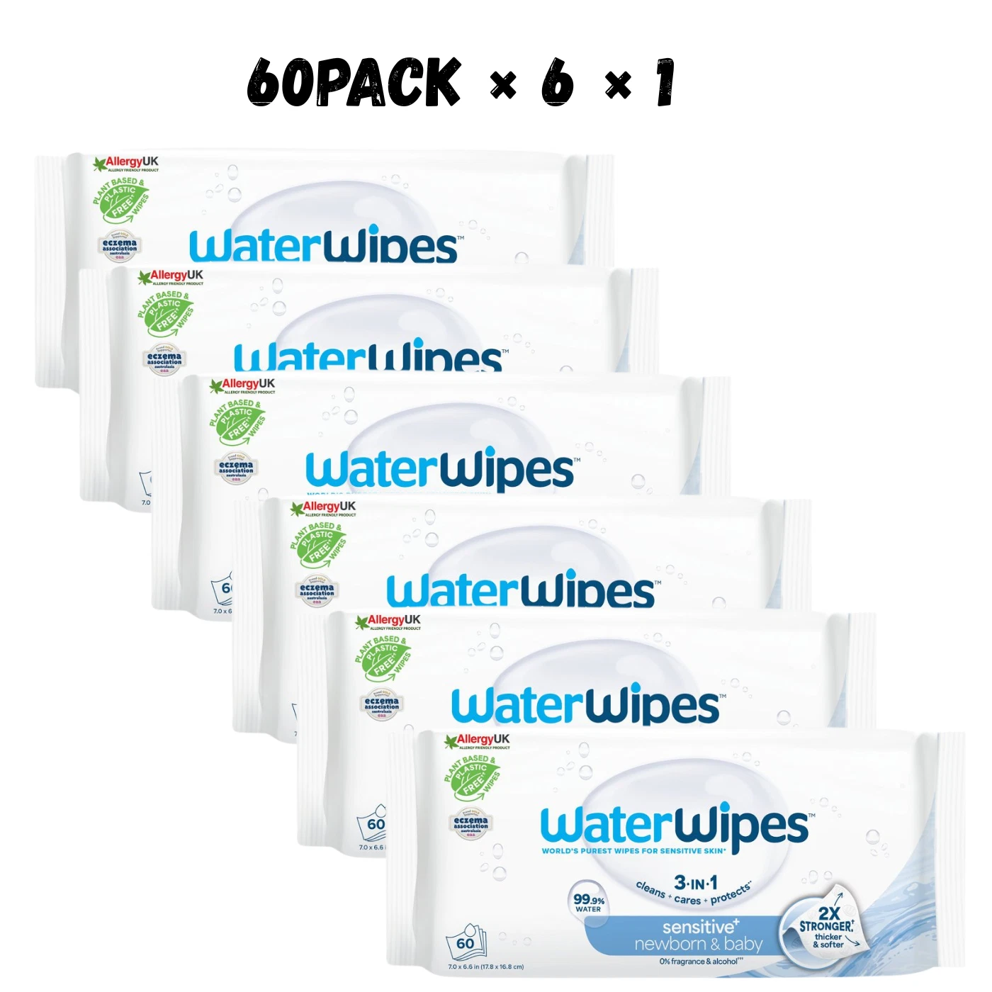WaterWipes Sensitive+ Newborn & Baby Wipes,3-In-1 Cleans,Protect 60pack × 6 × 1
