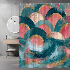 Abstract Arc Print Shower Curtain Teal Pink Gold Graphic