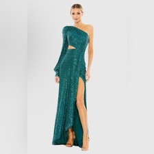 New IEENA for Mac Duggal Silver Sequined One Shoulder Cut Out Gown - Size 6