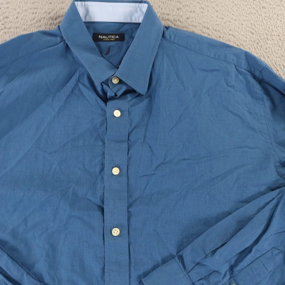 Nautica Shirt Mens 17.5 34/35 Blue Micro Check Houndstooth 100% Cotton Button Up - Image 2 of 4