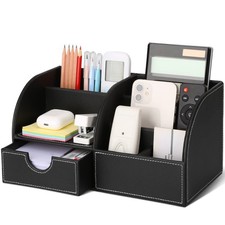 Pu Leather Desk Organizer Pen Pencil Holder Office Supplies Caddy Storage 6 C...