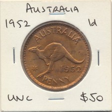 Australia: 1952 King George VI Penny 1d, Cat $55 UNC Near full orange