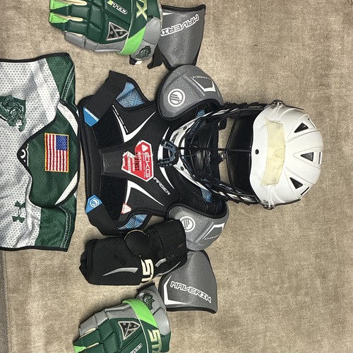 Youth Lacrosse helmet, chest plate, gloves, jersey, and elbow pad