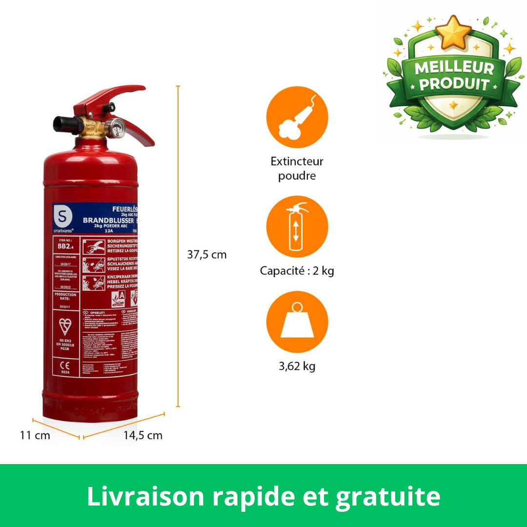 Extincteur poudre 2 kg de type ABC pour sécuriser le garage et la voiture
