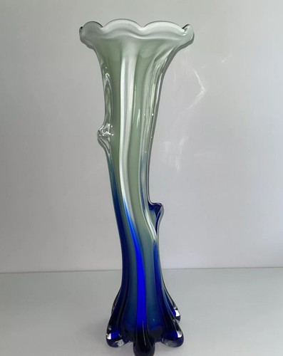 Vintage Murano Art Glass Vase Cobalt Blue green Flower Steam Shape 15 -1/2” Tall - Picture 2 of 13