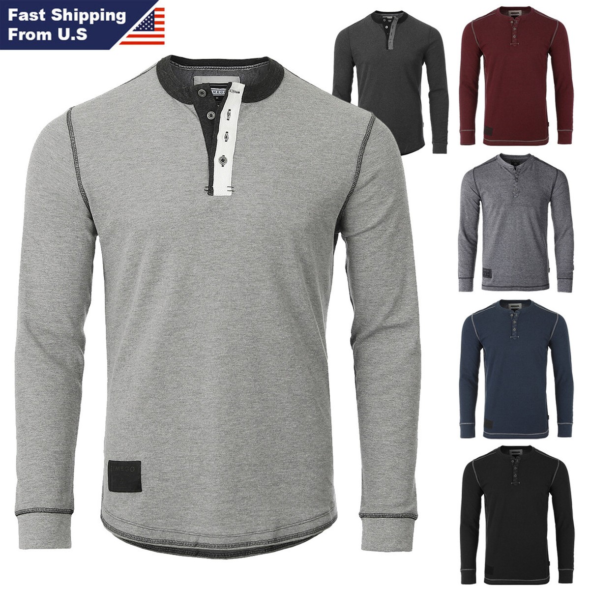 ZIMEGO Men's Long Sleeve Waffle Thermal Henley - Lightweight, Button Front, Athletic Fit, Machine Wash