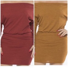 New Plus Size Burgundy/Camel Off Shoulder Knit Mini Dress