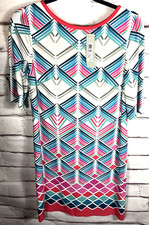 NWT Eliza J Womens Size 6 White/Multicolor Short Sleeve Knee Length Zip Up Dress