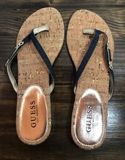 Guess Los Angeles Ladies Thong Flip Flops Cork Sandals Size 10 Blue Gold Logo