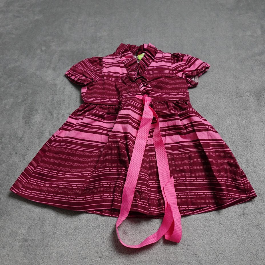 Classic Whimsy Dress Girls 18M Burgundy Pink Stripe Short Sleeve Ruffled  V-Neck!