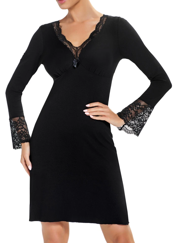 sexy langarm Damen Nachtkleid Negligee Nachtwäsche Nachthemd Visko Wäschebeutel